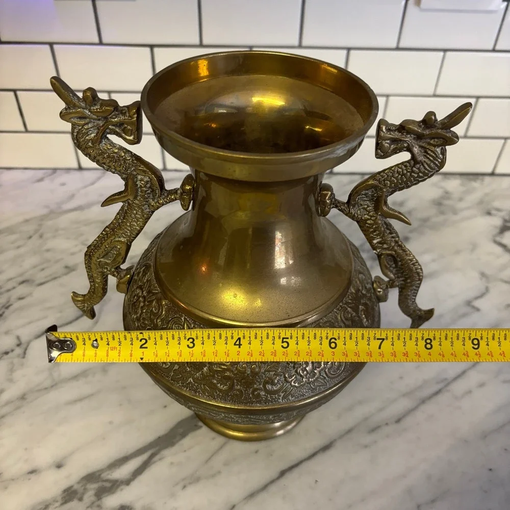 Vintage Brass Dragon Handles Floral Embossed Heavy Urn Style Vase Made in Korea